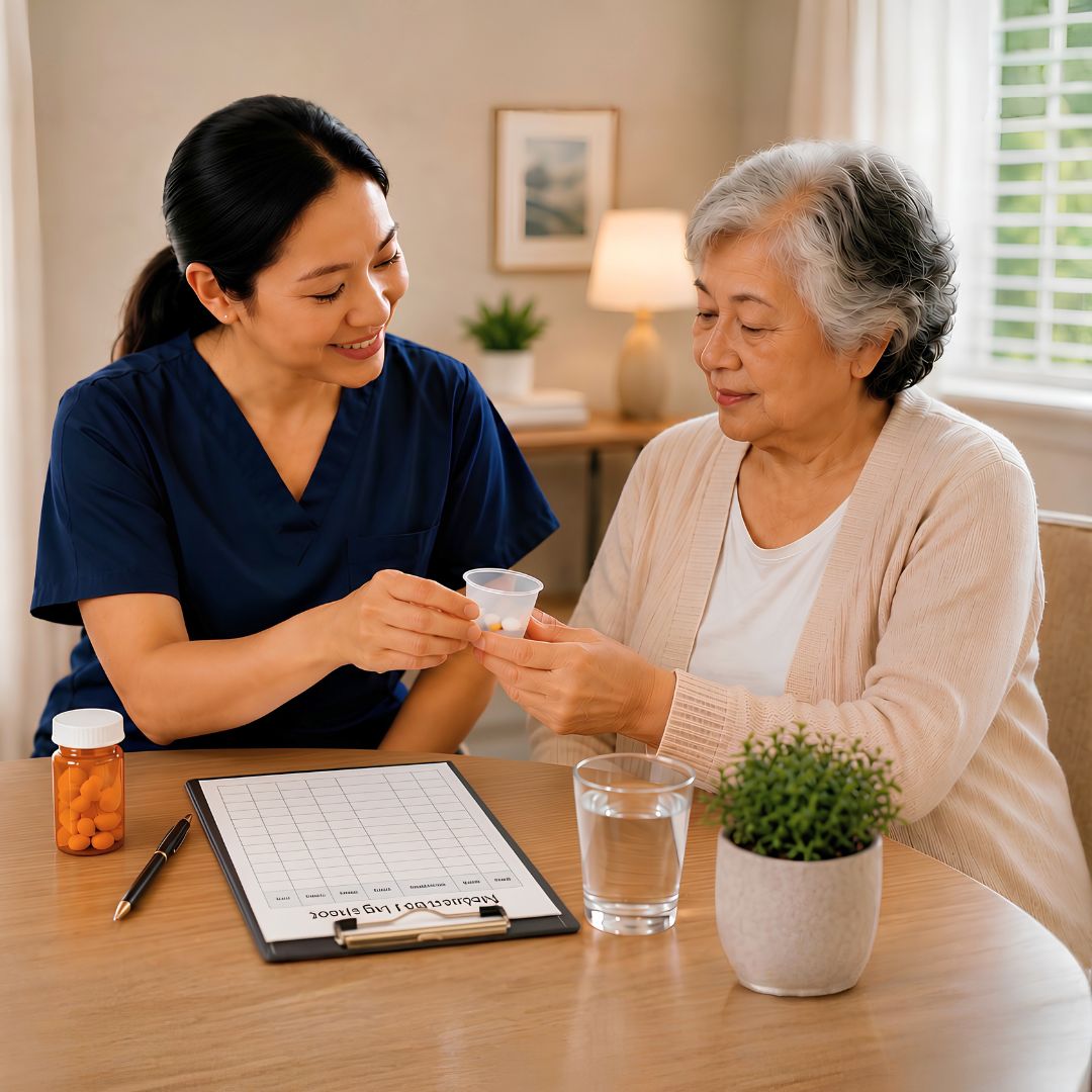 Caregiver assisting a resident with medication at home